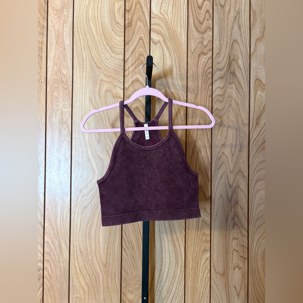 Zenana Ribbed Seamless Racerback Crop Tank | Eggplant - Picture 2 of 4